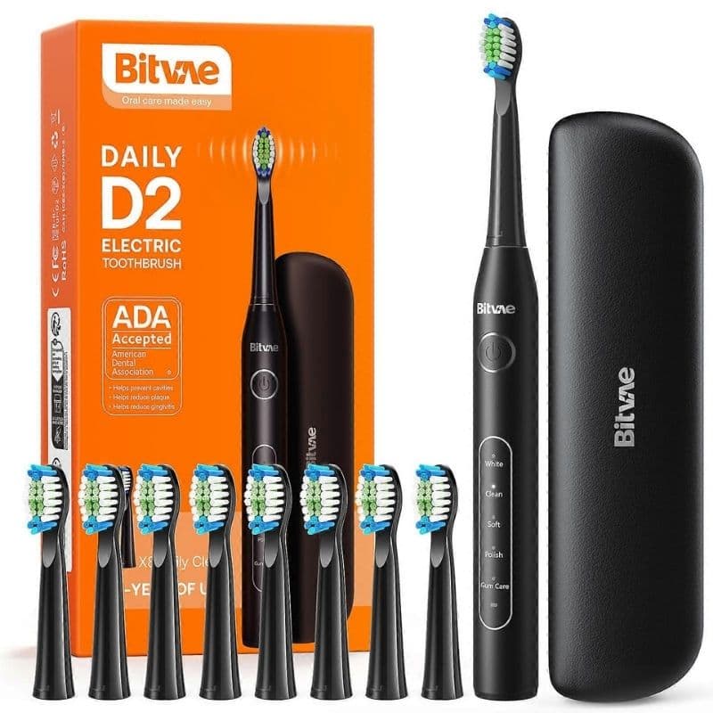 بيتفاي دي 2 - فرشاة أسنان كهربائية + حافظة + 8 رؤوس بديلة - أسود 6973734202276