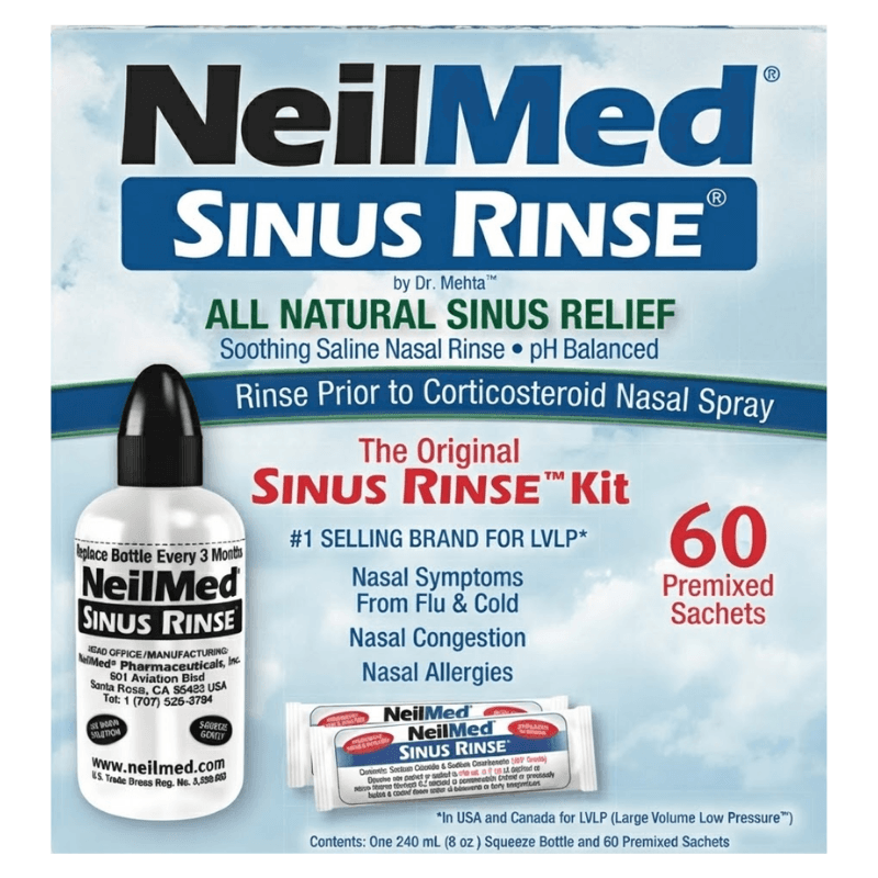SINUS RINSE All Natural Sinus Relief Kit - 60 Permixed Sachets + 240ml Bottle