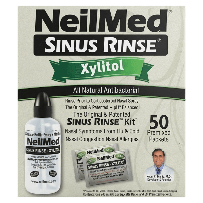 SINUS RINSE All Natural Antibacterial Kit Xylitol - 50 Permixed Sachets + 240ml Bottle