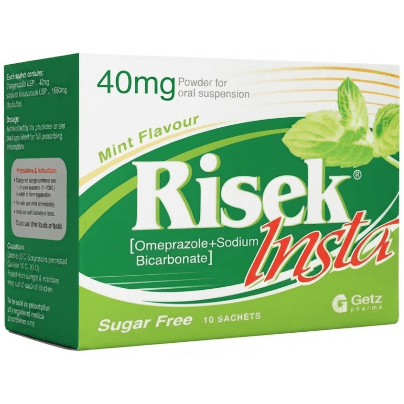 RISEK Insta 40mg Omeprazole Plus Sodium Bicarbonate - 10 Sachets of Granules