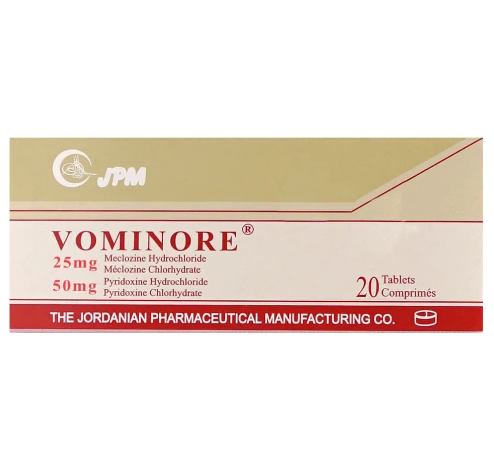 VOMINORE 25/50mg Meclozine HCL/Pyridoxine HCL - 20 Tablets