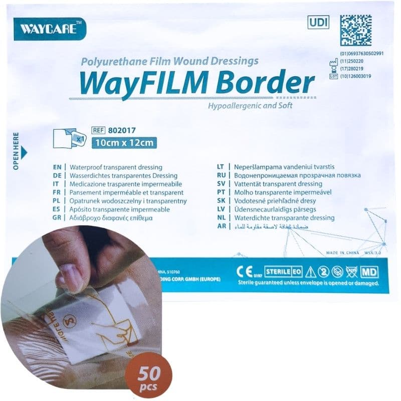 WAYCARE Wayfilm 802017 Adhesive Transparent Waterproof Dressing 10x12cm - 50 Pieces