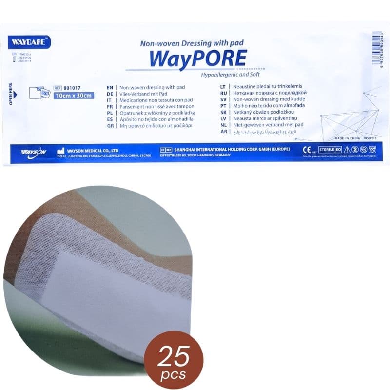 WAYCARE Waypore 801017 Adhesive Non-Woven Dressing with Pad 10x30cm - 25 Pieces