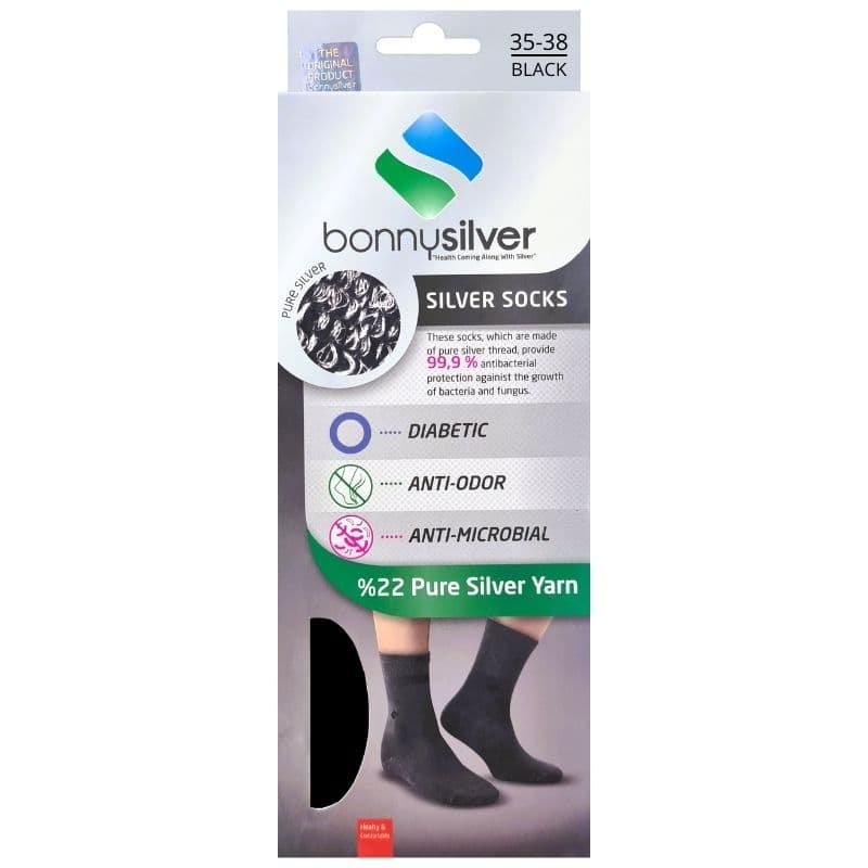 BONNYSILVER Diabetic Socks 22% Pure Silver Yarn 35-38 Black Full Protection - 2 Pieces