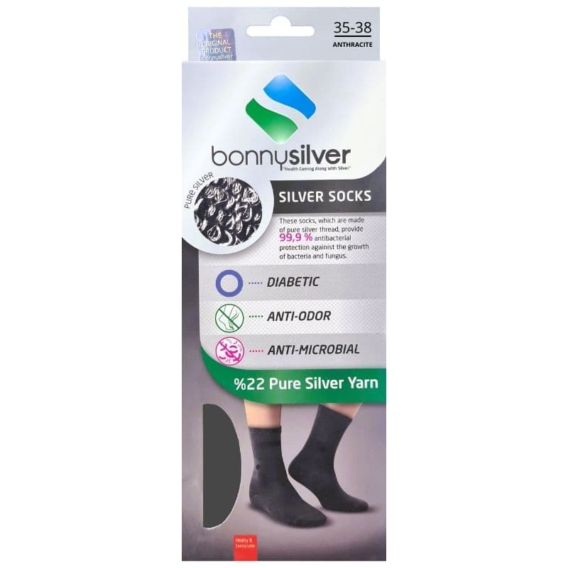 BONNYSILVER Diabetic Socks 22% Pure Silver Yarn 35-38 Anthracite Full Protection - 2 Pieces