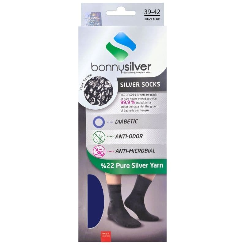 BONNYSILVER Diabetic Socks 22% Pure Silver Yarn 39-42 Navy Blue Full Protection - 2 Pieces