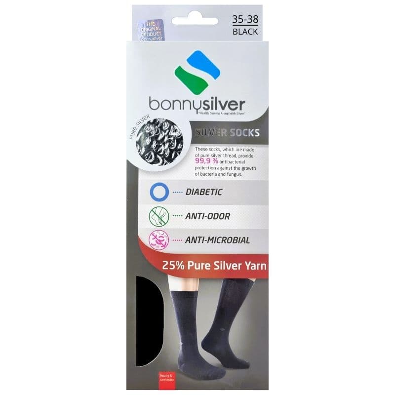 BONNYSILVER Diabetic Socks 25% Pure Silver Yarn 35-38 Black Knee High - 2 Pieces