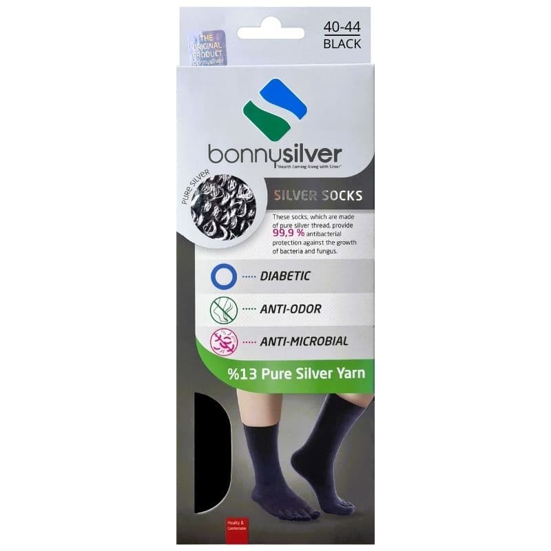 BONNYSILVER Diabetic Socks 13% Pure Silver Yarn  40-44 Black Anti-fungal - 2 Pieces