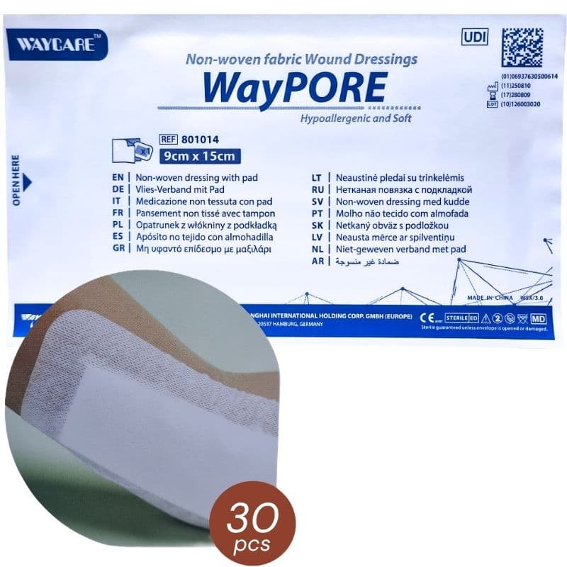 WAYCARE Waypore 801014 Adhesive Non-Woven Dressing with Pad 9x15cm - 30 Pieces