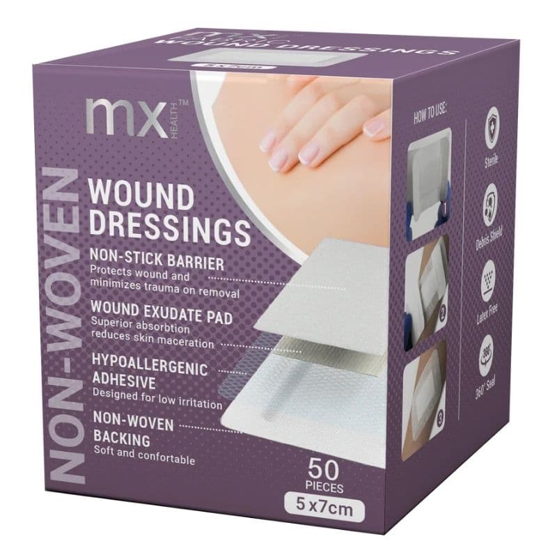 MX HEALTH Adhesive Non-Woven Wound Dressings Fabric 5x7cm - 50 Pieces