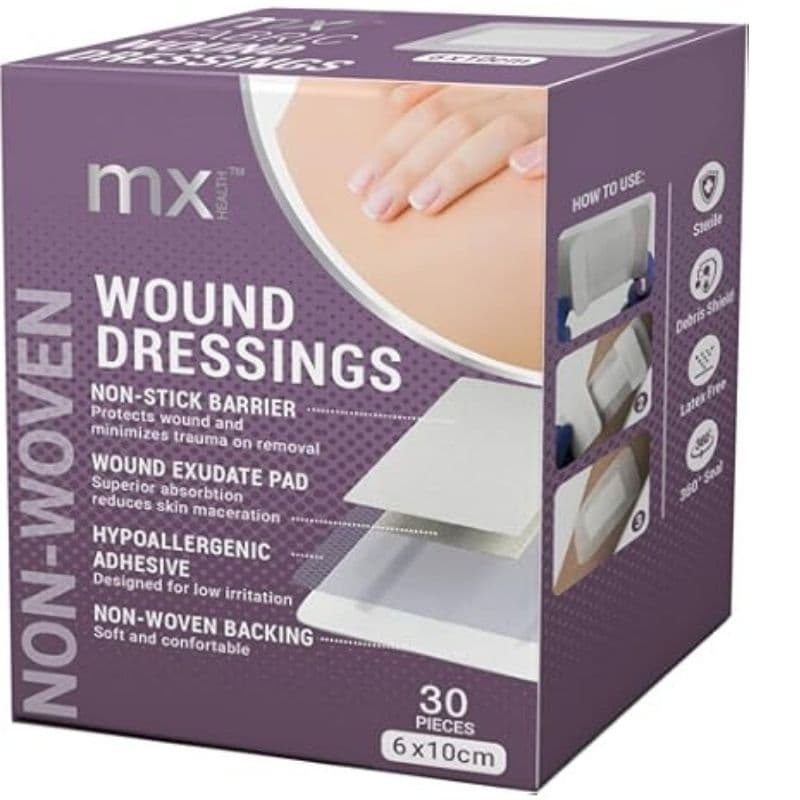 MX HEALTH Adhesive Non-Woven Wound Dressings Fabric 6x10cm - 30 Pieces