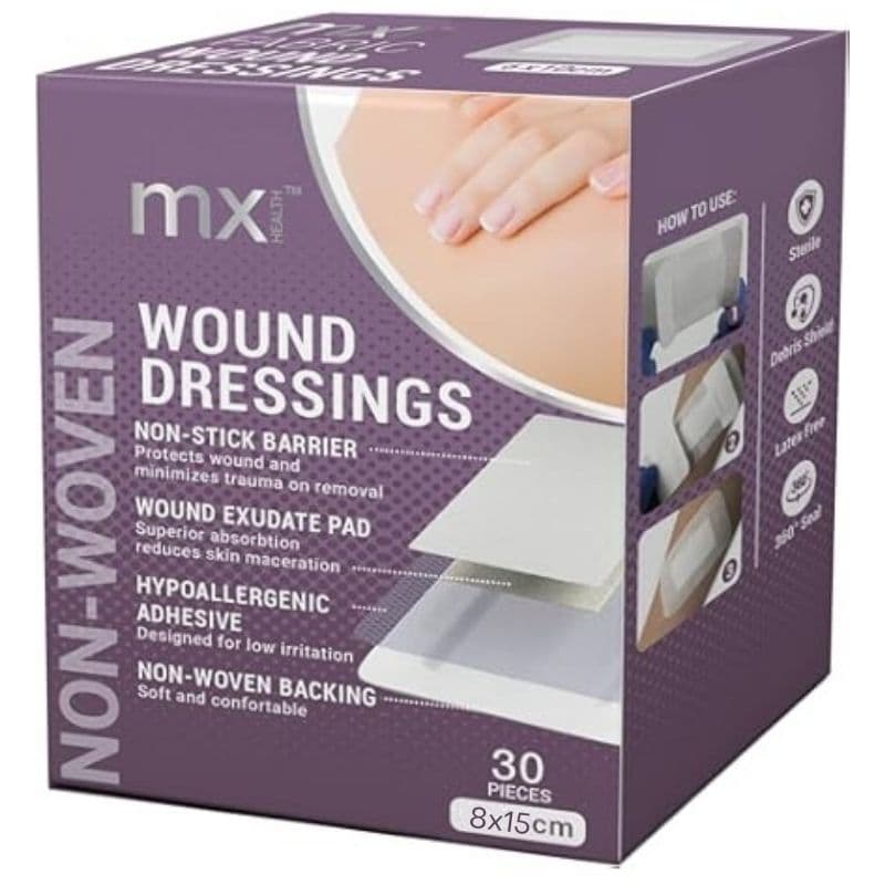 MX HEALTH Adhesive Non-Woven Wound Dressings Fabric 8x15cm - 30 Pieces