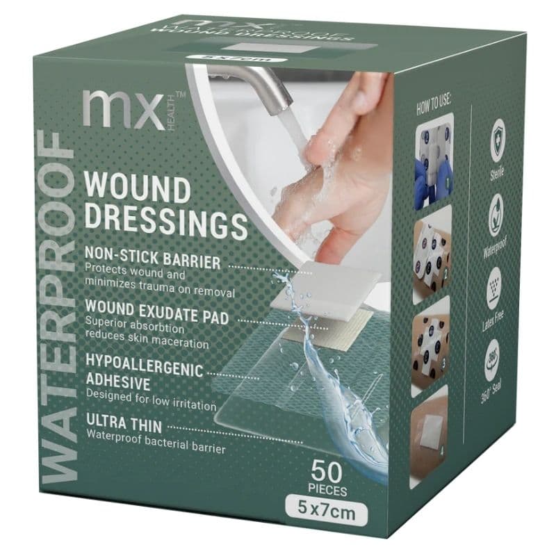 MX HEALTH Adhesive Waterproof Wound Dressings 5x7cm - 50 Pieces
