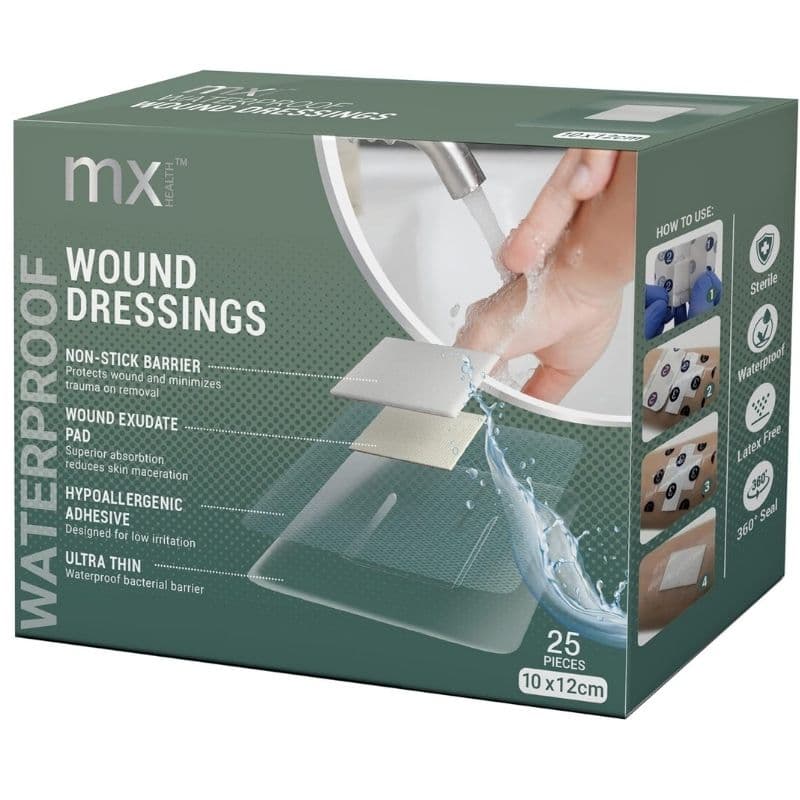 MX HEALTH Adhesive Waterproof Wound Dressings 10x12cm - 25 Pieces